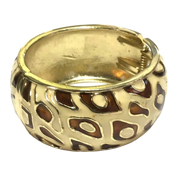 Wide Chunky Cheetah Leopard Enamel Gold Tone Metal Clamper Bracelet Brown Ivory - Picture 2 of 5